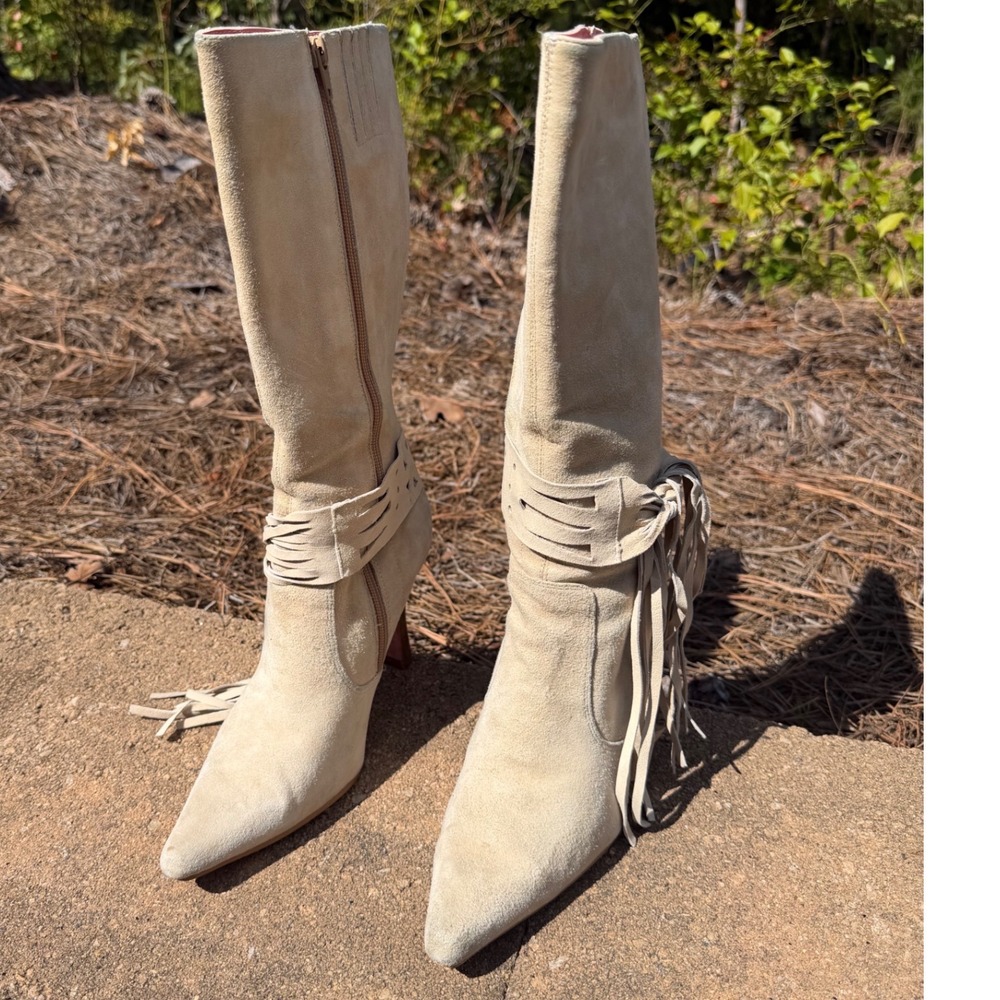 Beige Suede Fringe Tall Stiletto Boots Pointed Toe Pink Sole 7.5